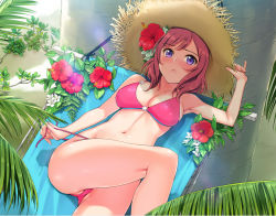 Rule 34 | 10s, 1girl, bare arms, bikini, bikini pull, blush, breasts, cleavage, clothes pull, commentary, day, female focus, flower, from above, hair flower, hair ornament, hammock, hand on headwear, hat, hibiscus, knee up, large breasts, leaf, long hair, looking at viewer, love live!, love live! school idol festival, love live! school idol project, lying, medium breasts, mignon, navel, nishikino maki, on back, open mouth, pink eyes, pinky out, purple eyes, red hair, short hair, side-tie bikini bottom, sideboob, solo, straw hat, swimsuit, undressing, untied bikini, untying