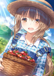 Rule 34 | 1girl, basket, blush, brown eyes, brown hair, craytm, day, dutch angle, hat, highres, long hair, looking at viewer, open mouth, original, outdoors, overalls, ponytail, solo, strap slip, tomato
