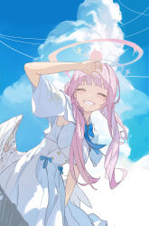 :d absurdres angel_wings blue_archive breasts buttons capelet closed_eyes cloud cloudy_sky double-breasted dress feathered_wings hair_bun halo highres large_breasts leaning_forward long_hair looking_at_viewer low_wings mika_(blue_archive) open_mouth pink_hair pink_halo shading_eyes single_side_bun sky sleeveless sleeveless_dress smile very_long_hair white_capelet white_dress white_wings wing_ornament wings wturnip