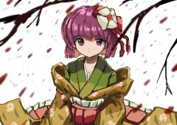 Rule 34 | 1girl, absurdres, blurry, blurry foreground, branch, commentary request, depth of field, expressionless, floral print, flower, green kimono, hair flower, hair ornament, hieda no akyuu, highres, japanese clothes, kanzashi, kimono, layered clothes, layered kimono, long sleeves, looking at viewer, neruzou, obi, petals, purple eyes, purple hair, red sash, sash, short hair, sitting, solo, touhou, upper body, white background, white flower, wide sleeves, yellow kimono