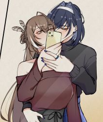 Rule 34 | 2girls, arm around waist, bare shoulders, blue hair, blue nails, blush, brown eyes, brown hair, casual, cellphone, commentary, english commentary, feather hair ornament, feathers, hair intakes, hair ornament, hairband, highres, holding, holding phone, hololive, hololive english, implied kiss, long hair, mirror, multicolored hair, multiple girls, nail polish, nanashi mumei, notziegler, ouro kronii, phone, selfie, smartphone, streaked hair, upper body, virtual youtuber, white hair, white hairband, yuri