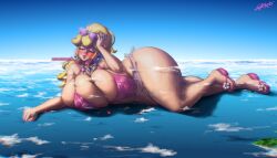 Rule 34 | 1girl, absurdres, bikini, blonde hair, blush, breasts, choker, cleavage, closed eyes, curvy, earrings, female focus, full body, giant, giantess, highres, huge breasts, jewelry, la potato, lips, lying, mario (series), nintendo, on side, princess peach, princess peach (swimwear), sandals, skindentation, solo, sunglasses, super mario odyssey, swimsuit, thick lips, thick thighs, thighs, toes, wide hips