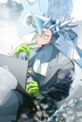 Rule 34 | 1girl, absurdres, blue necktie, coat, colored eyelashes, commentary, computer, creatures (company), eyelashes, game freak, gen 1 pokemon, gloves, green eyes, green gloves, grey coat, hatsune miku, highres, horns, ice, ice miku (project voltage), lapras, laptop, mygiorni, necktie, nintendo, pokemon, pokemon (creature), project voltage, single horn, snow, sparkle, vocaloid