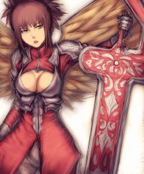 Rule 34 | 1girl, :o, armor, blue eyes, blunt bangs, breasts, brown hair, cleavage, cleavage cutout, clothing cutout, female focus, fumio (rsqkr), gloves, gradient background, huge weapon, inphyy, ninety-nine nights, no bra, open mouth, pantyhose, short hair, sketch, solo, standing, sword, turtleneck, weapon, wings