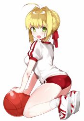 Rule 34 | 1girl, :d, ahoge, ass, bad id, bad pixiv id, ball, basketball, basketball (object), blonde hair, braid, breasts, buruma, fate/grand order, fate (series), from side, full body, green eyes, gym shirt, gym uniform, hair intakes, hair ribbon, hasegawa (rarairairai), highres, kneeling, looking at viewer, looking to the side, medium breasts, nero claudius (fate), nero claudius (fate) (all), nero claudius (fate/extra), nero claudius (olympian bloomers) (fate), official alternate costume, open mouth, red buruma, red ribbon, ribbon, shirt, shoes, short hair, short sleeves, simple background, smile, sneakers, socks, solo, white background, white socks