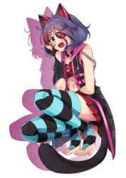 Rule 34 | 1girl, animal ears, barefoot, blush, casino (casinoep), cat ears, cat tail, collar, eyepatch, feet, fingerless gloves, gloves, highres, lock, no shoes, padlock, short hair, squatting, striped clothes, striped thighhighs, tail, thighhighs, tiptoes, toeless legwear, toes