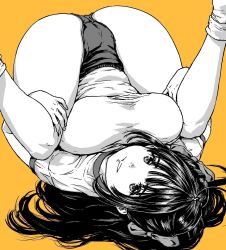 Rule 34 | 1girl, ass, breasts, buruma, commentary request, folded, gym uniform, highres, knees to chest, large breasts, legs, legs up, long hair, looking at viewer, looking back, lying, on back, oobanburumai, original, partially colored, simple background, socks, solo, upside-down, yellow background