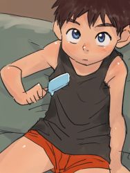 Rule 34 | 1boy, blue eyes, child, couch, food, garyco, male focus, original, popsicle, short hair, shorts, sitting, solo, tank top
