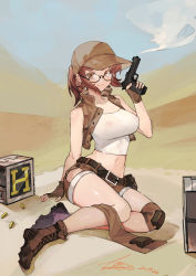 Rule 34 | 1girl, absurdres, arm support, bare shoulders, belt, black-framed eyewear, black belt, blouse, boots, breasts, brown eyes, brown footwear, brown gloves, brown hair, brown headwear, brown shorts, brown vest, bullet, closed mouth, collarbone, combat boots, commentary, covered erect nipples, crop top, dated, desert, finger on trigger, fingerless gloves, fio germi, glasses, gloves, gun, highres, holding, holding gun, holding weapon, knee pads, large breasts, linween, long hair, looking at viewer, metal slug, navel, no bra, on floor, outdoors, ponytail, see-through, see-through shirt, shirt, short shorts, shorts, sidelocks, signature, sitting, sky, smile, smoke, smoking gun, solo, utility belt, vest, weapon, white shirt
