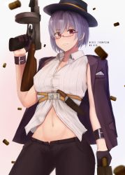 Rule 34 | 1girl, abs, absurdres, breasts, briefcase, character name, cleavage, eko.art, fedora, girls&#039; frontline, glasses, gloves, gun, hat, highres, huge filesize, jacket, jacket on shoulders, large breasts, navel, purple hair, red eyes, shell casing, short hair, solo, submachine gun, thompson submachine gun, thompson (girls&#039; frontline), trigger discipline, weapon, wristband
