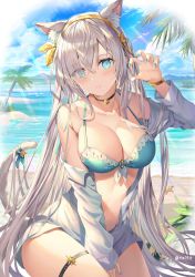 Rule 34 | 1girl, anastasia (fate), animal ears, bare shoulders, beach, bikini, black bikini, blue eyes, blush, breasts, cat ears, cat tail, cleavage, collarbone, day, fate/grand order, fate (series), hairband, highres, jacket, large breasts, long hair, long sleeves, looking at viewer, nail polish, off shoulder, open clothes, open jacket, open mouth, rin yuu, silver hair, solo, swimsuit, tail
