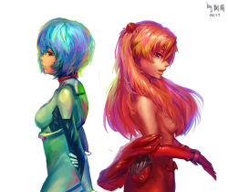 Rule 34 | 1045335316, 2girls, absurdres, ayanami rei, back-to-back, blue eyes, highres, long hair, multiple girls, neon genesis evangelion, open mouth, orange hair, plugsuit, red eyes, short hair, simple background, souryuu asuka langley, twintails, undressing, white background