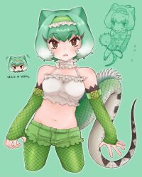 Rule 34 | 1girl, 7ss dom, arm belt, bare shoulders, black eyes, blush, chibi, chibi inset, chinese water dragon (kemono friends), choker, crop top, cutoff jeans, cutoffs, denim, detached sleeves, frilled choker, frilled hairband, frilled shirt, frills, green hair, green hairband, green shorts, green sleeves, hairband, highres, kemono friends, lizard tail, looking at viewer, midriff, multicolored eyes, multiple views, navel, open mouth, orange eyes, red eyes, reptile girl, scales, shirt, short hair, short shorts, shorts, sidelocks, spaghetti strap, stomach, tail, translation request, triangle mouth, white choker, white hair, white shirt, yellow eyes