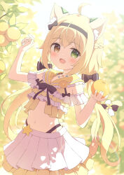 Rule 34 | 1girl, ahoge, animal ear fluff, animal ears, black bow, blonde hair, blurry, blush, bow, braid, collar, commission, cowboy shot, depth of field, fang, flower, food, frills, fruit, green eyes, hair bow, hair ornament, heterochromia, highres, holding, holding food, holding fruit, jewelry, long hair, looking at viewer, navel, necklace, open mouth, orange (fruit), original, outdoors, red eyes, sidelighting, sidelocks, skeb commission, skirt, smile, solo, star (symbol), star ornament, tail, tail bow, tail flower, tail ornament, twintails, tyomimas