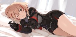 Rule 34 | 1girl, azur lane, bed sheet, black gloves, black jacket, black skirt, blonde hair, blush, brown eyes, collared jacket, commentary request, cross, ganesagi, gloves, indoors, iron cross, jacket, long sleeves, looking at viewer, lying, miniskirt, multicolored hair, no headgear, on bed, on side, one eye closed, outstretched hand, pillow, pleated skirt, pointing, pointing at viewer, red hair, roon (azur lane), short hair, skirt, smile, solo, streaked hair