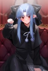 Rule 34 | 1girl, black bow, black capelet, black dress, blue hair, blurry, blurry background, blush, bow, capelet, closed mouth, couch, cowboy shot, curtains, dress, fur-trimmed capelet, fur trim, hair bow, highres, indoors, large bow, len (tsukihime), long hair, long sleeves, looking at viewer, neck ribbon, no pupils, on couch, parted bangs, paw pose, pointy ears, pom pom (clothes), red curtains, red eyes, ribbon, sidelocks, sitting, solo, tsukihime, twitter username, u-co, white ribbon, winter clothes