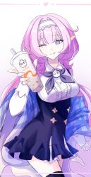 Rule 34 | 1girl, ;q, black thighhighs, blue eyes, blue skirt, breasts, center frills, closed mouth, commentary request, cup, disposable cup, drinking straw, elysia (honkai impact), frills, gradient background, highres, holding, holding cup, honkai (series), honkai impact 3rd, long hair, long sleeves, looking at viewer, medium breasts, mizu ame (ntz ametaro), one eye closed, pink background, pink hair, pointy ears, shirt, skirt, sleeves past wrists, smile, solo, thighhighs, tongue, tongue out, very long hair, white background, white shirt