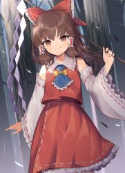 Rule 34 | 1girl, bare shoulders, blue neckwear, bow, brown eyes, brown hair, closed mouth, detached sleeves, forest, gohei, goma (u p), hair between eyes, hair tubes, hakurei reimu, hand up, highres, holding, light, long sleeves, looking at viewer, nature, red bow, red skirt, red vest, short hair, skirt, smile, solo, standing, sunlight, touhou, tree, vest, white sleeves, yellow bow, yellow neckwear