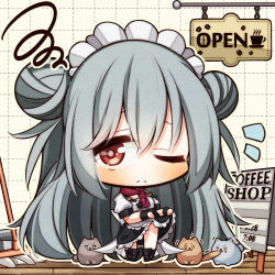 Rule 34 | 1girl, 7:08, apron, borrowed clothes, bucket, cat, chibi, clothes lift, dress, full body, g11 (girls&#039; frontline), girls&#039; frontline, highres, lifting own clothes, maid, maid apron, maid cap, mop, one eye closed, red eyes, sign, silver hair, skirt, skirt lift, solo