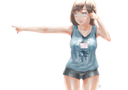 Rule 34 | 1girl, arm up, backlighting, breasts, brown hair, check commentary, collarbone, commentary, commentary request, din (pixiv25800872), grey eyes, looking to the side, medium breasts, open mouth, original, outstretched arm, pointing, short shorts, short sleeves, shorts, signature, simple background, stained clothes, summer, sweat, sweaty clothes, tank top, thighs, white background