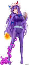 Rule 34 | 1girl, absurdres, belt, blue ribbon, bodysuit, book, breasts, commission, commissioner upload, fire, hat, highres, large breasts, long hair, metal belt, mob cap, pan-ooh, purple eyes, purple hair, purple hat, red ribbon, ribbon, solo, tentacles, totally spies, touhou, transparent background