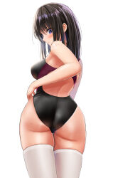 Rule 34 | 1girl, ass, black hair, black one-piece swimsuit, blue eyes, breasts, commentary request, competition swimsuit, from below, highres, long hair, looking at viewer, looking back, medium breasts, mole, mole on ass, multicolored clothes, multicolored swimsuit, one-piece swimsuit, original, simple background, solo, standing, swimsuit, thighhighs, white background, white thighhighs, yukemuriganmo