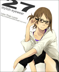 Rule 34 | 1girl, black thighhighs, brown eyes, brown hair, collarbone, english text, folded ponytail, frown, glasses, long sleeves, looking at viewer, original, over-kneehighs, short hair, simple background, sitting, solo, thighhighs, thighs, watermark, web address, white background, yoshito