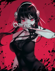 Rule 34 | 1girl, bare shoulders, black dress, black gloves, black hair, blush, breasts, cleavage, dagger, dress, earrings, flower, gloves, hair flower, hair ornament, hairband, highres, holding, jewelry, knife, large breasts, long hair, looking at viewer, parororo, red eyes, sidelocks, solo, spy x family, stiletto (weapon), weapon, yor briar