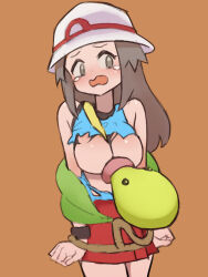 Rule 34 | 1girl, 1other, arms at sides, bellsprout, blue shirt, blush, bound, bracelet, breast sucking, breasts, breasts out, brown hair, bucket hat, creatures (company), dot nose, game freak, gen 1 pokemon, hat, highres, hug, jewelry, large breasts, legs together, long hair, looking at another, nijitama shiyushiyu, nintendo, nose blush, orange background, pokemon, pokemon frlg, pokephilia, red skirt, sanpaku, shirt, simple background, skirt, sleeveless, sleeveless shirt, standing, tareme, tearing up, torn clothes