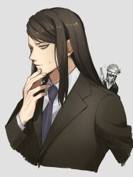 Rule 34 | 2boys, alternate costume, alternate hairstyle, bags under eyes, best jeanist, black hair, black jacket, boku no hero academia, closed mouth, comb, eraser head (boku no hero academia), fingernails, grey background, grey necktie, highres, holding, holding comb, jacket, long hair, looking ahead, male focus, multiple boys, necktie, rnuyvm, simple background, solo focus