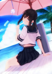 Rule 34 | 10s, 1girl, 96tuki, arm support, beach, black eyes, black hair, cloud, day, eating, food, fubuki (kancolle), horizon, kantai collection, looking at viewer, looking back, md5 mismatch, midriff peek, ocean, original, outdoors, ponytail, popsicle, resolution mismatch, revision, school uniform, serafuku, sitting, sketch, sky, solo, source larger, summer, wind chime