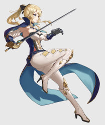 Rule 34 | 1girl, absurdres, black bow, blonde hair, blue capelet, blue eyes, boots, bow, breasts, capelet, cleavage, coattails, detached collar, detached sleeves, from side, full body, gauntlets, genshin impact, grey background, hair bow, hands up, high heel boots, high heels, high ponytail, highres, holding, holding sword, holding weapon, jean (genshin impact), knee boots, leg up, long hair, looking away, medium breasts, monon, pants, parted lips, ponytail, sidelocks, simple background, solo, standing, standing on one leg, strapless, sword, weapon, white footwear, white pants