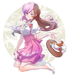 Rule 34 | 1girl, anna miller, apron, blouse, brown hair, commentary request, cup, frills, heterochromia, highres, iesupa, long hair, milk, multicolored hair, name tag, neo politan, pink apron, pink eyes, pink hair, pink skirt, purple eyes, rwby, saucer, shirt, skirt, solo, split-color hair, sugar cube, tea, teacup, tray, waitress, white shirt