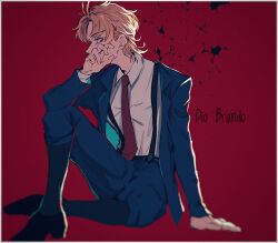 Rule 34 | 1boy, aged down, blonde hair, blue jacket, character name, commentary request, dio brando, jacket, jojo no kimyou na bouken, long sleeves, looking to the side, male focus, mizudama, necktie, phantom blood, red eyes, red necktie, shirt, shoes, short hair, sitting, solo, suspenders