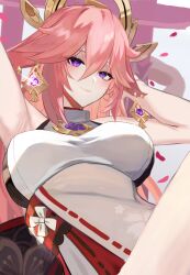 Rule 34 | 1girl, absurdres, animal ears, armpits, arms behind head, arms up, bare arms, bare shoulders, breasts, chiyu1182, closed mouth, cowboy shot, earrings, fox ears, genshin impact, hair between eyes, highres, japanese clothes, jewelry, large breasts, looking at viewer, nontraditional miko, pink hair, purple eyes, shirt, sidelocks, sleeveless, sleeveless shirt, smile, solo, turtleneck, white shirt, yae miko