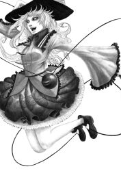 Rule 34 | 1girl, bare legs, black sclera, colored sclera, female focus, frilled skirt, frills, greyscale, hand on headwear, hane (azelye), hat, holding, holding clothes, holding hat, jumping, komeiji koishi, long hair, long sleeves, monochrome, open mouth, simple background, skirt, sleeves past wrists, solo, third eye, touhou, wide sleeves
