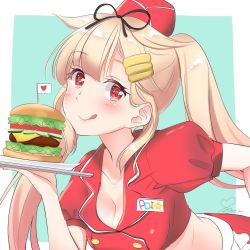 Rule 34 | 1girl, alternate costume, alternate hairstyle, apron, bad id, bad twitter id, blonde hair, blush, breasts, burger, flag, food, hair flaps, hair ornament, hairclip, hat, heart, kantai collection, large breasts, long hair, looking at viewer, mero oon, mini flag, one-hour drawing challenge, ponytail, red eyes, solo, tray, twitter username, waiter, yuudachi (kancolle), yuudachi kai ni (kancolle)