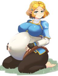 Rule 34 | 1girl, absurdres, barefoot, big belly, blonde hair, braid, breasts, closed mouth, curvy, elf, fingerless gloves, french braid, gloves, grass, green eyes, hair ornament, hairclip, highres, large breasts, looking at viewer, nintendo, pantyhose, pointy ears, ppalitexx, pregnant, princess zelda, seiza, shiny clothes, short hair, sitting, smile, solo, the legend of zelda, the legend of zelda: tears of the kingdom, thick thighs, thighs, wide hips