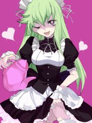 Rule 34 | 1girl, bad drawr id, bad id, black dress, breasts, buttons, clothes lift, cowboy shot, dress, green hair, heart, holding, holding teapot, kakaaru, kobayakawa chinu, lifting own clothes, long hair, looking at viewer, maid, maid headdress, oekaki, one eye closed, open mouth, puffy short sleeves, puffy sleeves, purple background, purple eyes, rance (series), sengoku rance, short sleeves, skirt, skirt lift, small breasts, solo, teapot, thighhighs, thighs, white thighhighs, white wrist cuffs, wrist cuffs