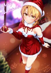 Rule 34 | 1girl, absurdres, atelier z44, boots, box, breasts, brown eyes, brown hair, christmas, cleavage, closed mouth, commentary request, dated, detached sleeves, dress, gift, gift box, hat, highres, holding, holding box, indoors, isshiki iroha, medium breasts, medium hair, merry christmas, red dress, red footwear, red sleeves, revision, santa boots, santa dress, santa hat, signature, smile, solo, standing, standing on one leg, window, yahari ore no seishun lovecome wa machigatteiru.