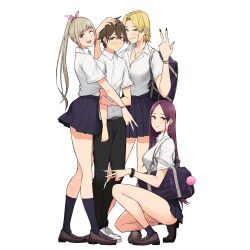 Rule 34 | 1boy, 3girls, blonde hair, blue eyes, girl sandwich, hamazaki reina, harem, headpat, highres, imaizumin-chi wa douyara gal no tamariba ni natteru rashii, imaizumin keita, kneeling, kurumizaka ruri, legs, multiple girls, nail polish, naughty face, nori gorou, one eye closed, purple eyes, purple hair, red eyes, sandwiched, sasaki yukina, school uniform, skirt, smile, white hair, wink