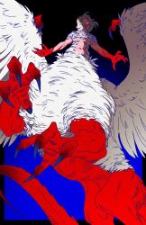 Rule 34 | 1girl, bird wings, black background, black border, blonde hair, blood, blood on face, blood on hands, blue background, border, breasts, chimera, claws, commentary, dragon tail, dreadwyrmtrance, dungeon meshi, english commentary, falin touden, falin touden (chimera), feathered wings, feathers, fingernails, from below, gradient background, looking at viewer, looking down, medium breasts, monster girl, navel, outside border, sharp fingernails, short hair, solo, tail, taur, two-tone background, underboob, white eyes, wings