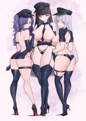 Rule 34 | 3girls, absurdres, alternate costume, ass, between breasts, black footwear, black gloves, black hair, black thighhighs, blue archive, blue headwear, breasts, closed mouth, curvy, elbow gloves, full body, gloves, grey hair, hat, high heels, highres, huge breasts, lamsass, large breasts, long hair, multiple girls, noa (blue archive), open mouth, peaked cap, purple eyes, purple hair, red eyes, rio (blue archive), sideboob, standing, thick thighs, thighhighs, thighs, two side up, wide hips, yuuka (blue archive)