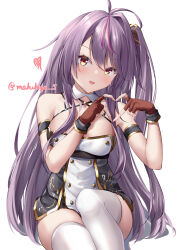 Rule 34 | 1girl, absurdres, ahoge, azur lane, bare shoulders, blush, breasts, dress, fingerless gloves, gloves, grenville (azur lane), hair between eyes, hair ornament, heart, heart hands, highres, long hair, looking at viewer, makihige, medium breasts, microdress, multicolored hair, open mouth, orange eyes, purple hair, side ponytail, simple background, sitting, smile, solo, streaked hair, thighhighs, thighs, white background, white thighhighs