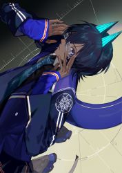 Rule 34 | 1boy, arjuna (fate), arjuna alter (fate), arjuna alter (student council president) (fate), black eyes, black hair, blue footwear, blue horns, blue jacket, blue necktie, commentary, dark-skinned male, dark skin, fate/grand order, fate (series), from above, glasses, glowing horns, hair between eyes, highres, horns, indian clothes, jacket, looking at viewer, looking up, male focus, necktie, official alternate costume, ono matope, pants, shoes, short hair, sleeves past wrists, solo, tail