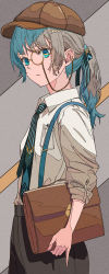 Rule 34 | 1girl, absurdres, bag, blue eyes, blue hair, blue necktie, breast pocket, brown pants, collared shirt, commentary request, cowboy shot, flat cap, freckles, grey background, grey hair, hair tie, hat, highres, holding, holding bag, long hair, long sleeves, looking away, monocle, multicolored hair, natsugu72, necktie, original, pants, pocket, ponytail, profile, shirt, simple background, sleeves rolled up, solo, standing, two-tone hair, vertical-striped clothes, vertical-striped necktie, white shirt