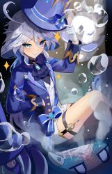 Rule 34 | 1girl, absurdres, air bubble, ascot, asymmetrical gloves, black gloves, blue ascot, blue eyes, blue hair, blue hat, blue jacket, bubble, closed mouth, commentary request, cowlick, doyagao, furina (genshin impact), genshin impact, gloves, grey hair, hair between eyes, hand in own hair, hat, heterochromia, highres, holding, holding clothes, holding hat, jacket, jiu (jiu13131), long hair, long sleeves, looking at viewer, multicolored hair, shorts, sitting, smile, smug, solo, sparkle, streaked hair, thigh strap, top hat, white gloves, white shorts