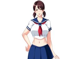 Rule 34 | 1girl, blue skirt, blush, breasts, brown hair, butcha-u, cowboy shot, game cg, hand on own hip, jewelry, large breasts, looking at viewer, low twintails, midriff, naruse kumiko, navel, original, parted bangs, parted lips, ring, sailor collar, school uniform, serafuku, shiny skin, shinyuu no haha kumiko, short hair, skirt, solo, standing, transparent background, twintails, upper body, wedding ring, yellow eyes