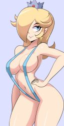 Rule 34 | 1girl, :d, bigdead, blonde hair, blue eyes, blush, breasts, crown, half-closed eyes, hand on own hip, highres, hip focus, mario (series), navel, nintendo, open mouth, revealing clothes, rosalina, sideboob, slingshot swimsuit, smile, solo, super mario bros. 1, super mario galaxy, swimsuit, wide hips