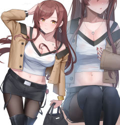 Rule 34 | 1girl, belt, black belt, black footwear, black pantyhose, black skirt, blush, boots, breasts, brown hair, cleavage, closed mouth, idolmaster, idolmaster shiny colors, jewelry, large breasts, long hair, long sleeves, looking at viewer, navel, necklace, osaki amana, pantyhose, shirt, shougun (chuckni1), sitting, skirt, smile, thigh boots, thighhighs, thighs, white shirt, yellow eyes